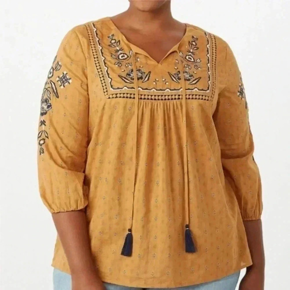 Dress Barn Embroidered Crochet Trim Sequins Boho Peasant Printed Blouse Size 1X - Picture 1 of 9